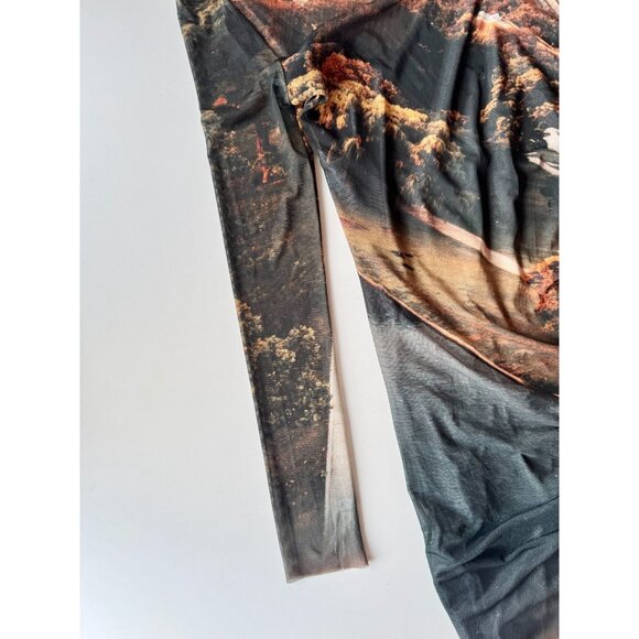 ZARA Grey Orange Landscape Print Mesh Long Sleeve Ruched Maxi Dress, Size M - Picture 8 of 16